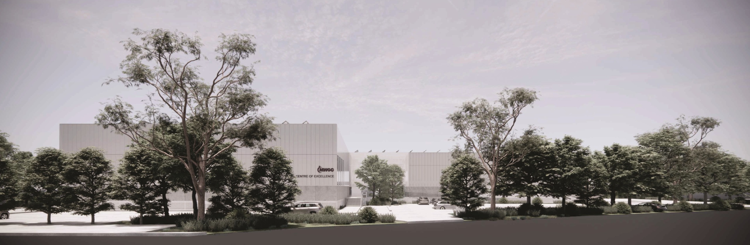 artist impression of whit building with trees in front