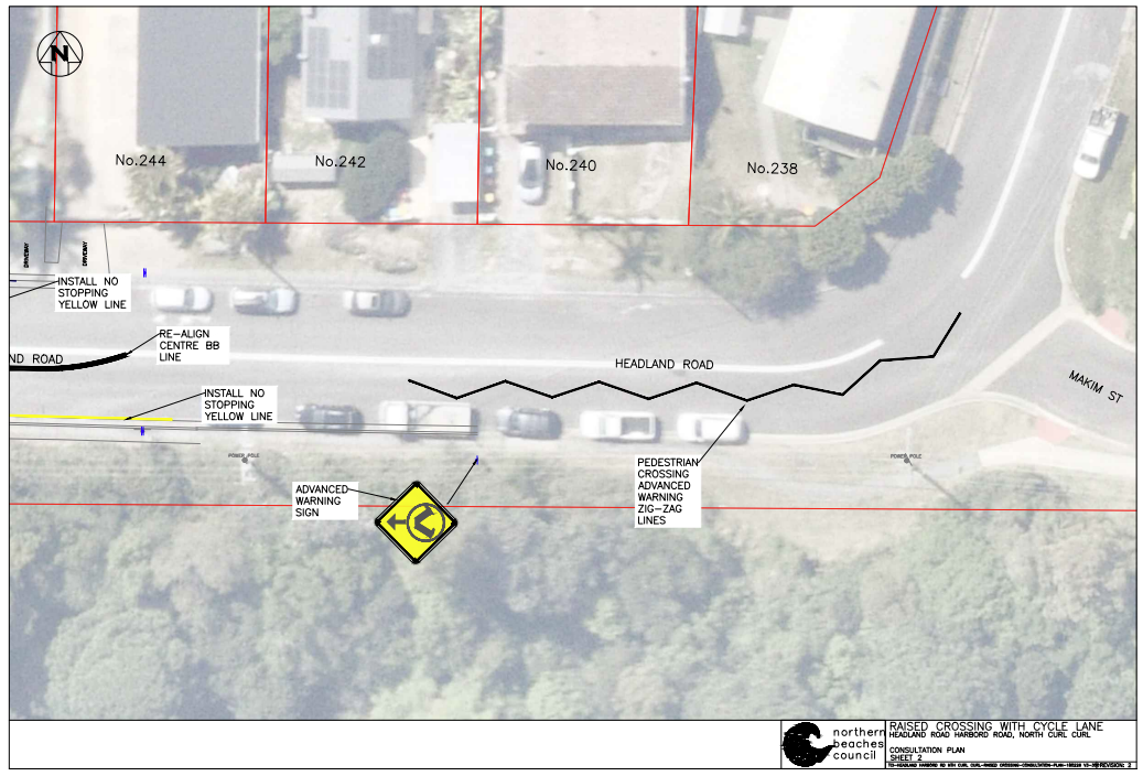 Zig zag lines on Headland Road before crossing to warn about crossing ahead  