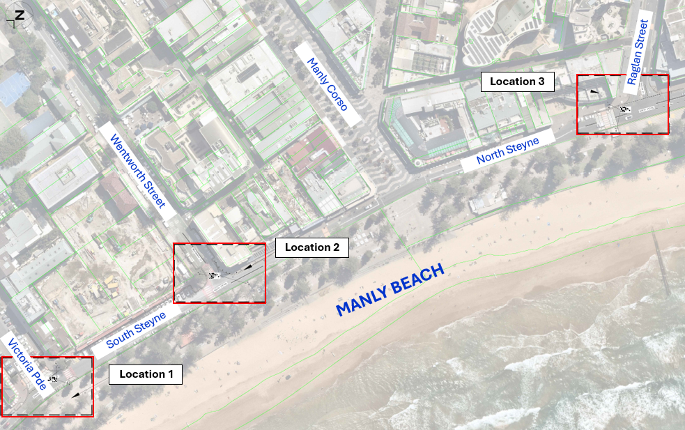 aerial view of Manly with red boxes highlighting locations for new bollards