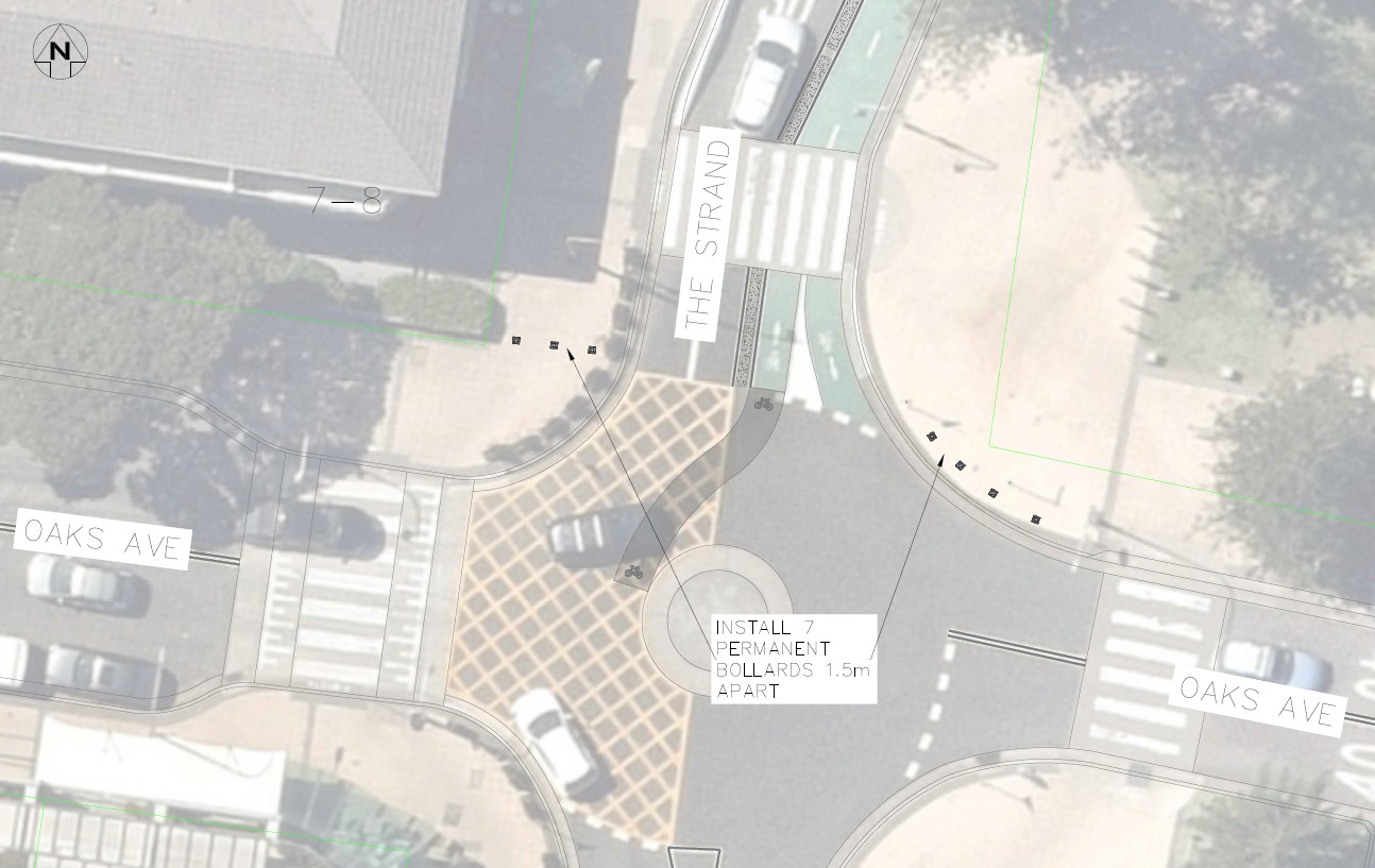 aerial view with arrows indicating where bollards will be installed