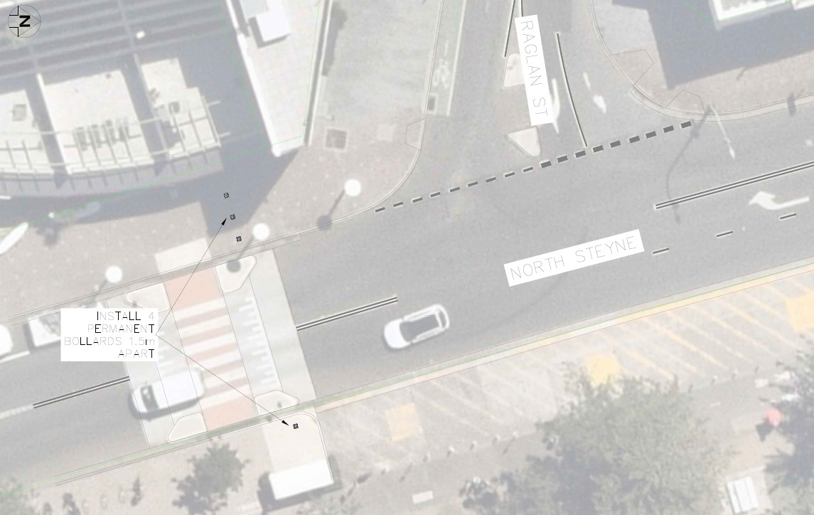 aerial view with arrows indicating where bollards will be installed
