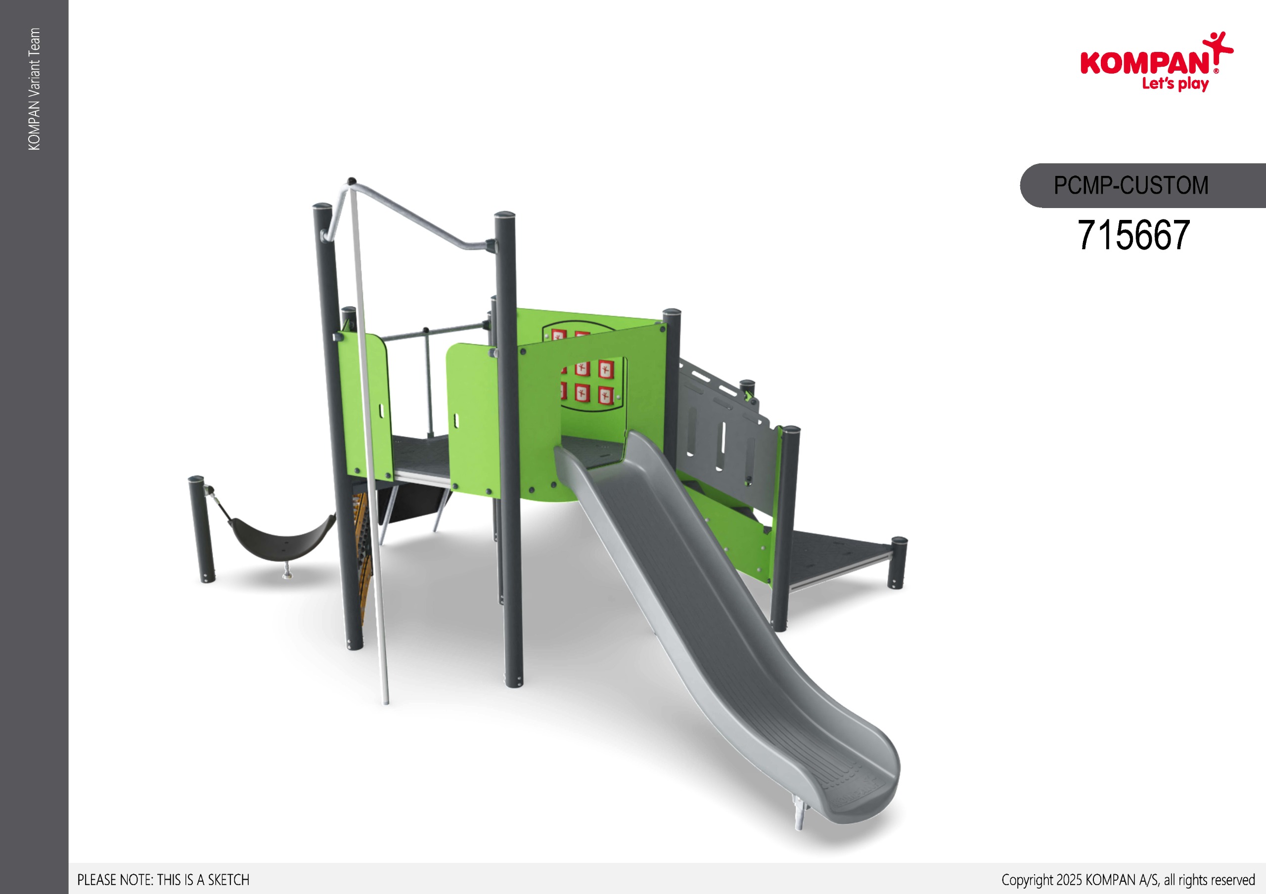 green play equipment with grey slide