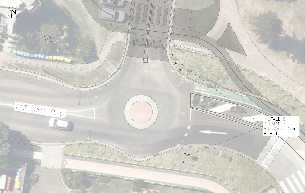 aerial view with arrows indicating where bollards will be installed