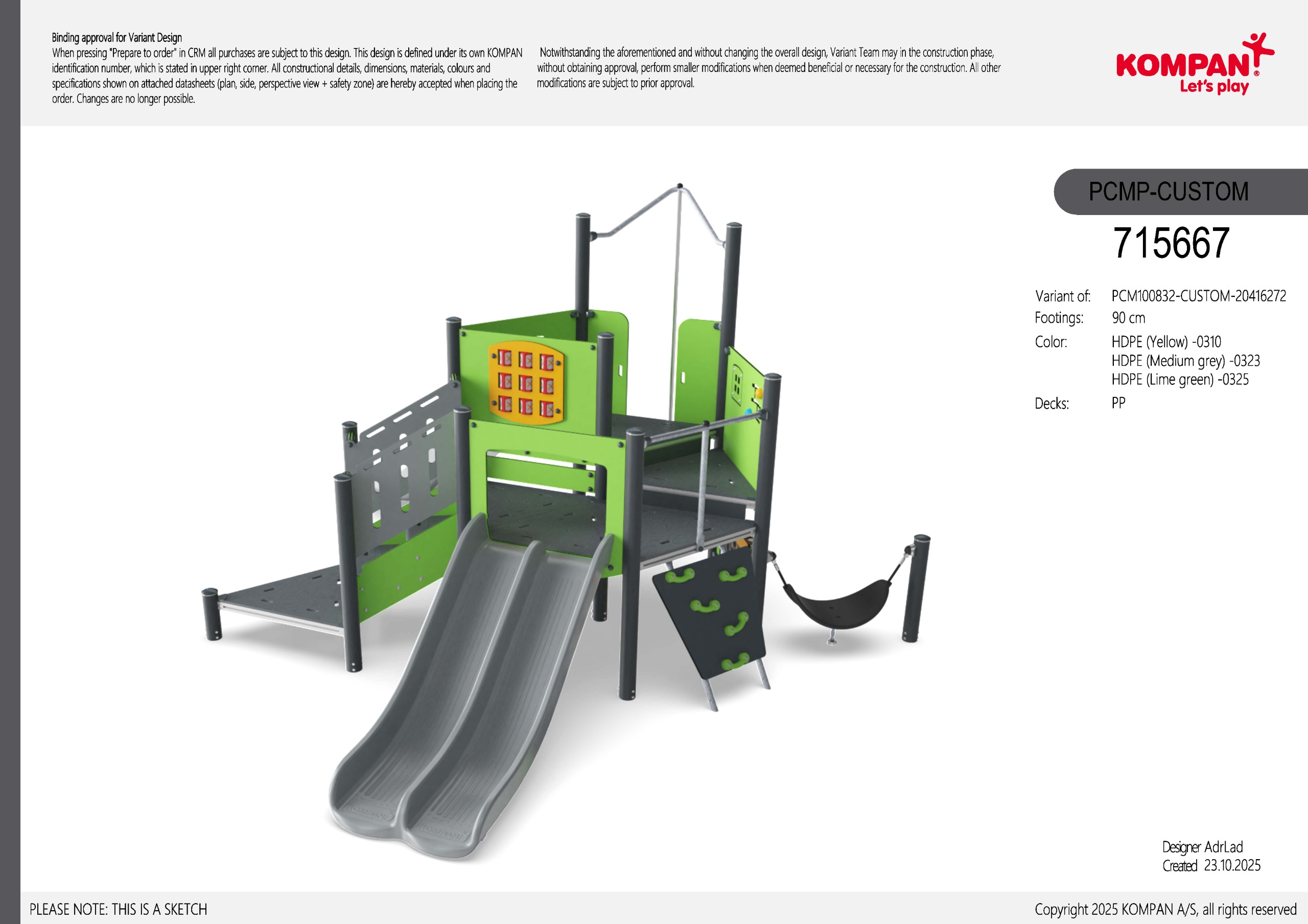 green play equipment with grey double slide
