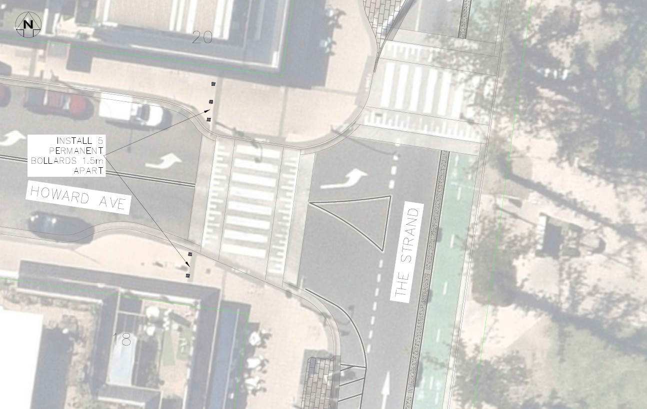 aerial view with arrows indicating where bollards will be installed