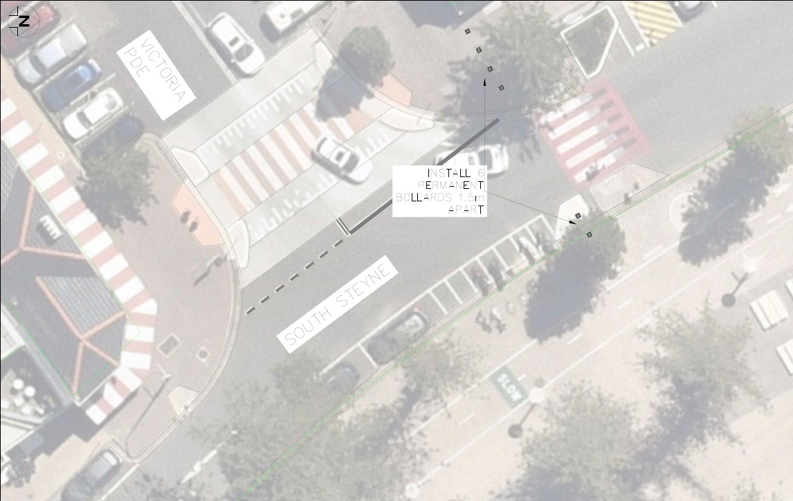 aerial view with arrows indicating where bollards will be installed