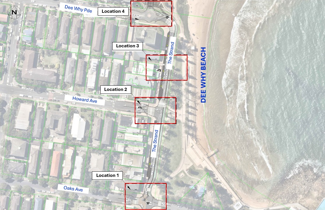 aerial view of Dee Why with red boxes highlighting locations for new bollards