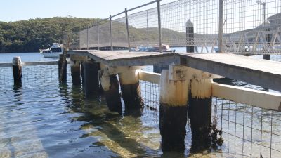 damaged boardwalk with leaning piles, safety fencing